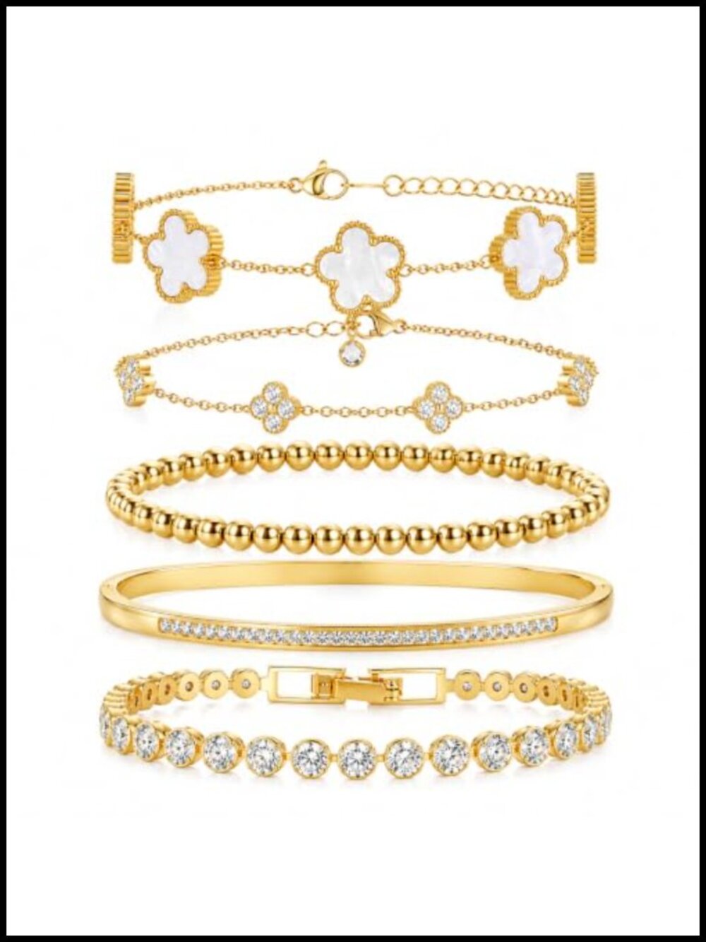 18K Gold Plated Clover Bracelet Set for Women - Lucky Four Leaf Charm Stackable